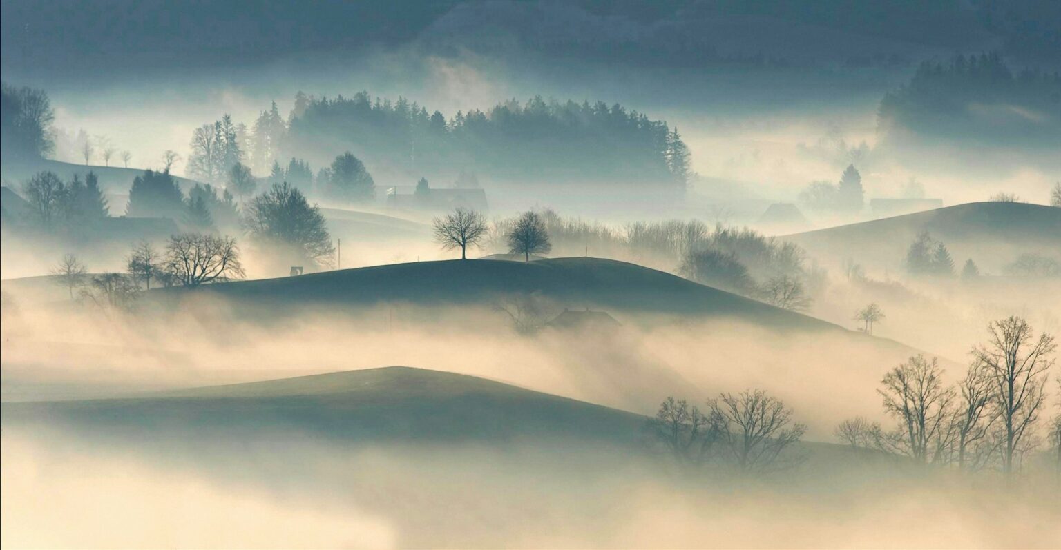 Hügellandschaft im Morgennebel – vieles zeigt sich erst nach und nach